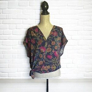 Reitmans Pink and Blue Graphic Tie Front Blouse